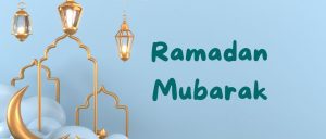 a light blue background with gold lamps and a moon that says "Ramadan Mubarak"